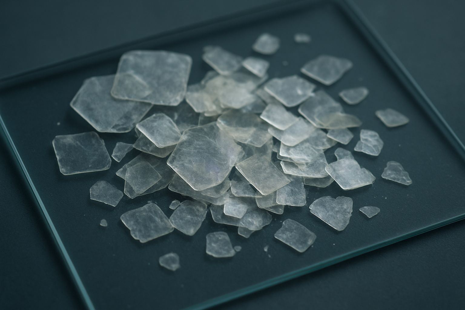 Mineral flake and mica plates on plate glass, overlapping edges under cool light.